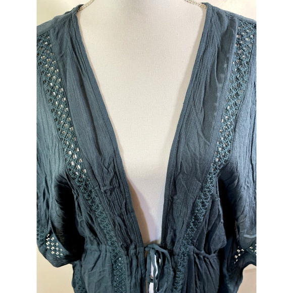Elan Blue Tie Front Crochet Kimono Sleeve Beach Cover Up Sz L - Picture 4 of 7